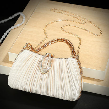 New European and American diamond-encrusted elegant pleated evening bag women's fashionable single-shoulder bag party chain h