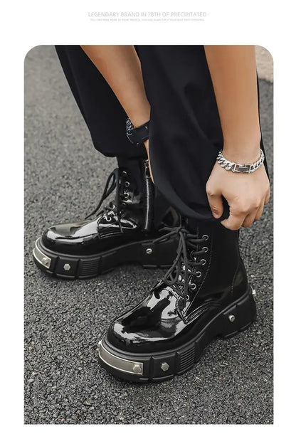 New Men Goth Platform Boots Fashion Rivet Lace Up Punk Wedges Chunky Heels Men Boots Party Street Patent Leather Men Shoes