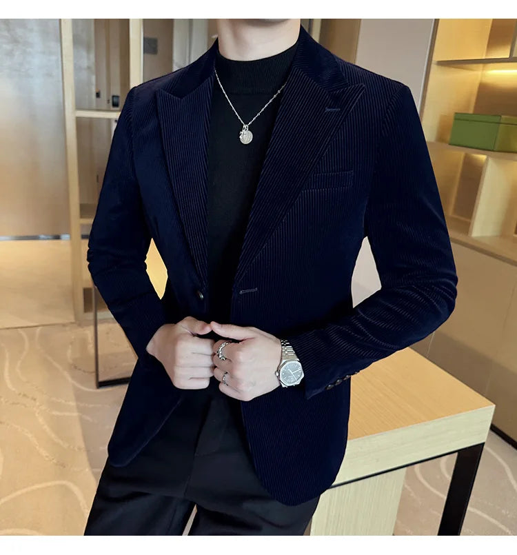 Stripe Suit Jacket For Men Autumn Winter Business Slim Fit Tailcoat Formal Wedding Party Fashion Casual Suit Coat 4XL-M
