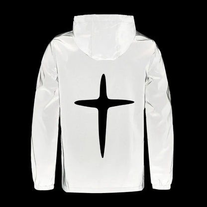 Men's Night Reflective Jacket Fashion Cross Printed Windproof Hooded Coats Streetwear Outdoor Cycling Jogger Safety Outerwear