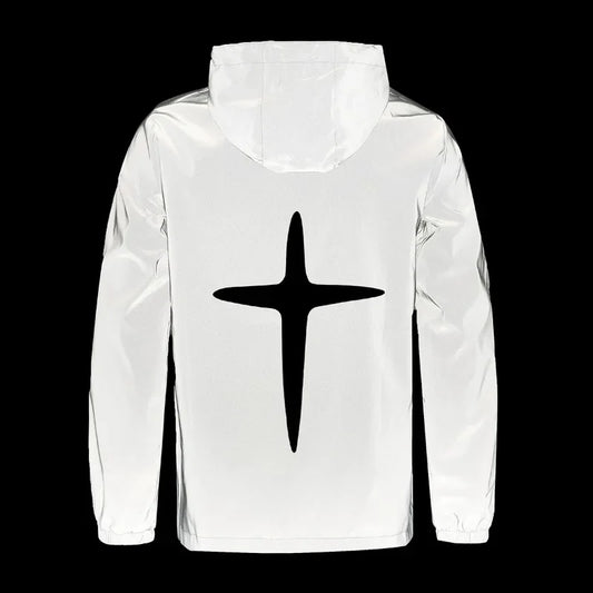 Men's Night Reflective Jacket Fashion Cross Printed Windproof Hooded Coats Streetwear Outdoor Cycling Jogger Safety Outerwear