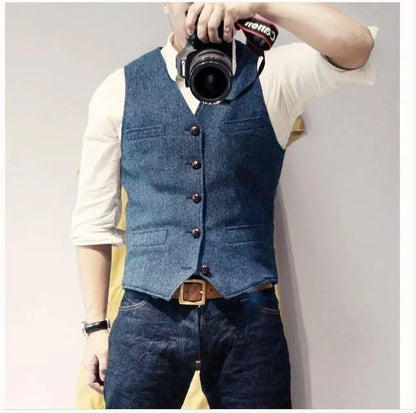 Mens Suit Vest Tweed Retro V Neck Wool Herringbone Waistcoat for Prom Single Breasted Males Dress Suit Vest Plus Size