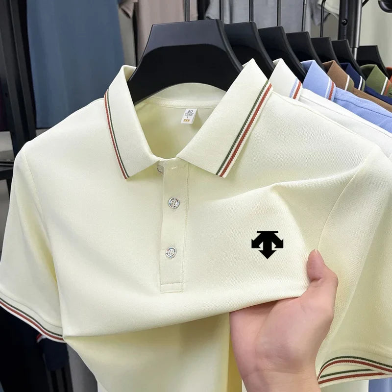 Men's Summer Solid Color Cool Breathable Luxury Polo Shirt Business Casual Collar T-shirt Short Sleeve Top