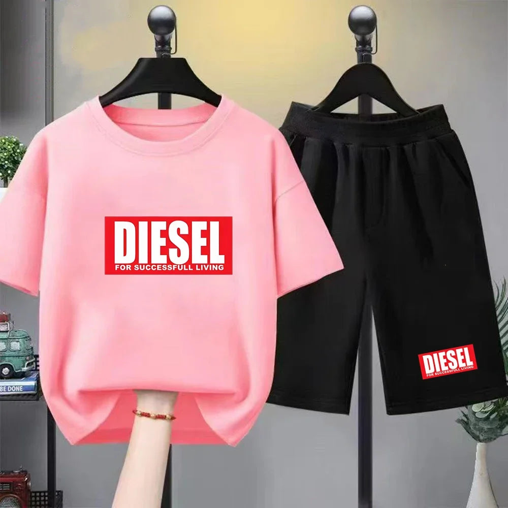 Boys Girls Age 3-12 Tee+shorts Suit Children Short Sleeve T-shirts Casual Pink Black Fashion Summer Child Loose Clothes