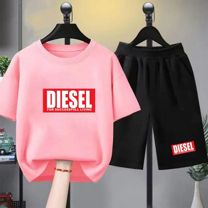 Boys Girls Age 3-12 Tee+shorts Suit Children Short Sleeve T-shirts Casual Pink Black Fashion Summer Child Loose Clothes