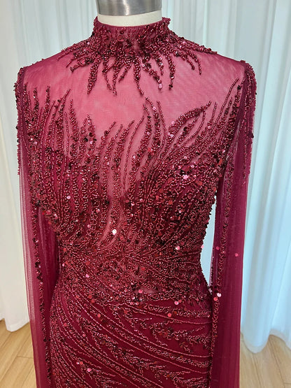 Luxury Beaded Evening Dress Cape Sleeve Dubai Sheer Neck Mermaid Formal Prom Wedding Party Gown Customized 2026