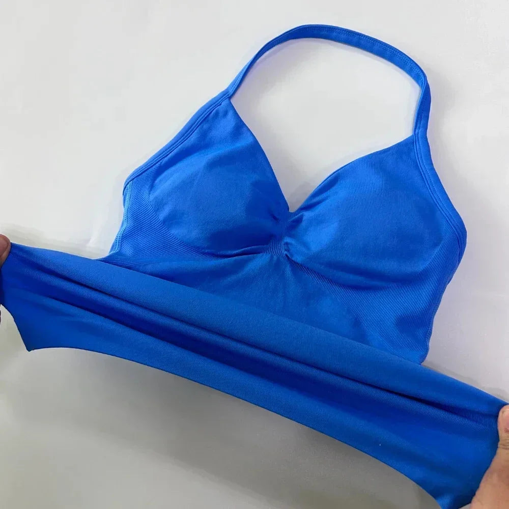 Yoga Longline Strappy Top Leggings Set Women's Backless Camisole Built-In bra Vest High-Waisted Hip Lift Gym Shorts Sports Set