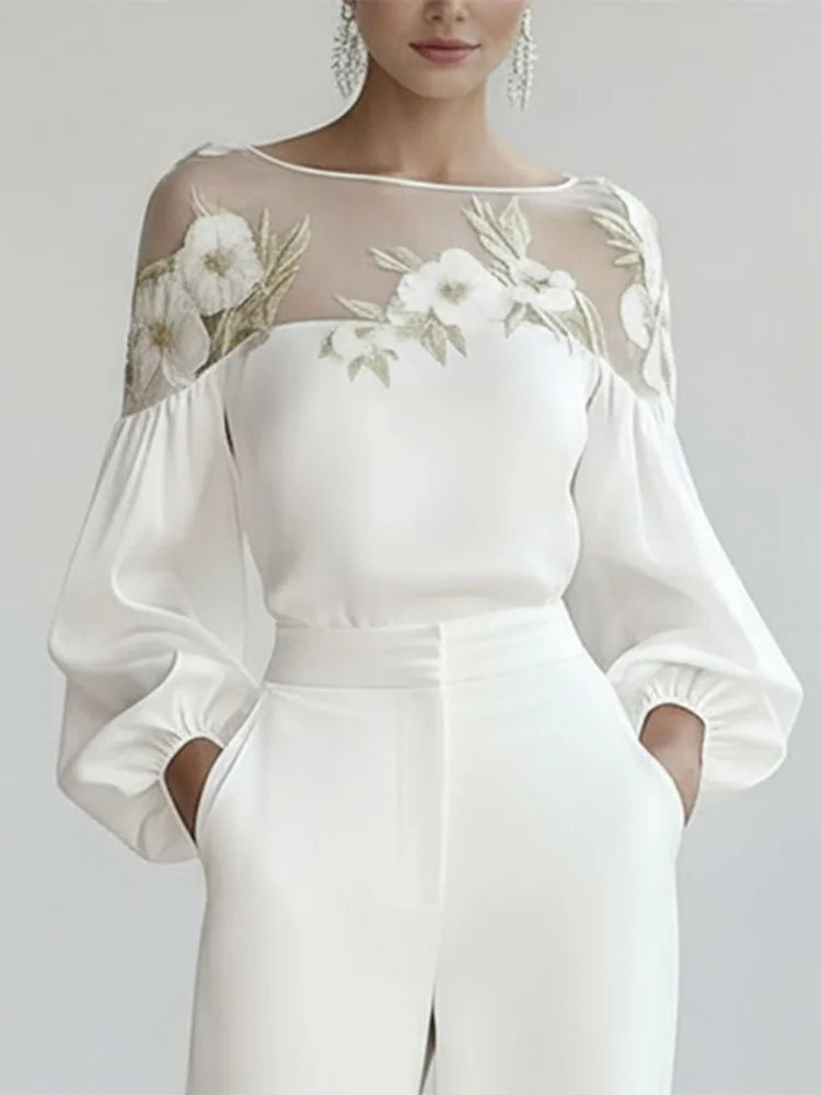 Bonboho Women's Sheer Floral Embroidered Shirt Top 2026 Spring New Puff Sleeves Loose Fit Blouse Female Elegant T-shirt