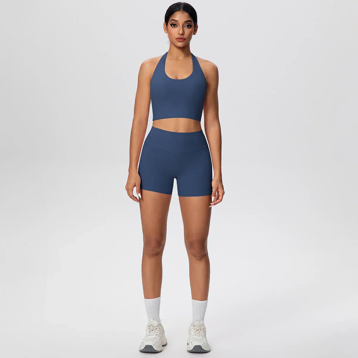2picese Women Yoga Suit Solid Color High Waist Hip Push Up Fitness Shorts Sexy Pilates Backless Gym Hanging Neck Bra Yoga Set
