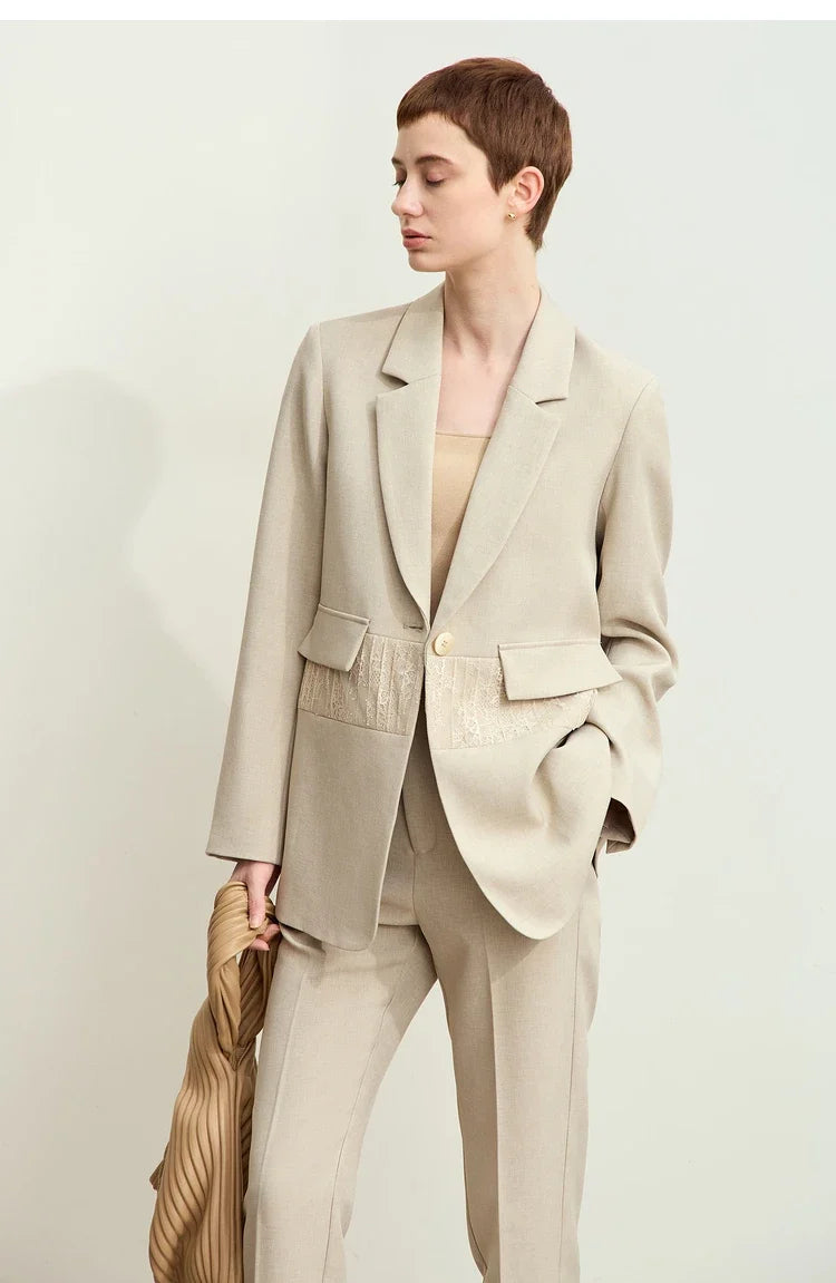 Minimalism 2025 Women's Blazer Autumn New Office Lady Lace Spliced Shoulder Professional Loose Female Notched Tops 12443009