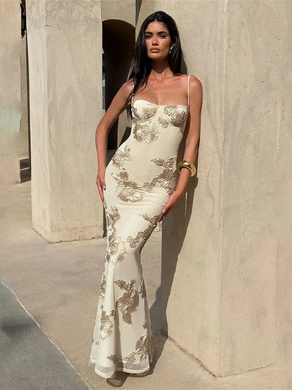 Elegant Flower Embroidery Maxi Dress Women Low-Neck Cross Bandage Backless Summer Street Trend Skinny Holiday Vestidos