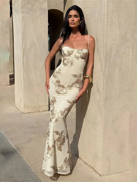 Elegant Flower Embroidery Maxi Dress Women Low-Neck Cross Bandage Backless Summer Street Trend Skinny Holiday Vestidos