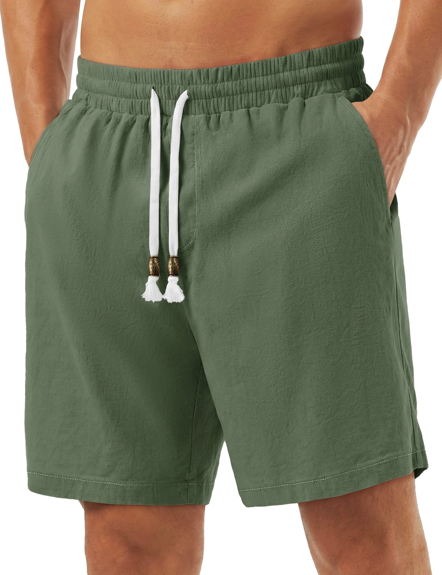 Men's Cotton Casual Shorts Loose Summer Beach Vacation Short Solid Pants with Deep Pockets Elastic Waist 7 Inch Inseam