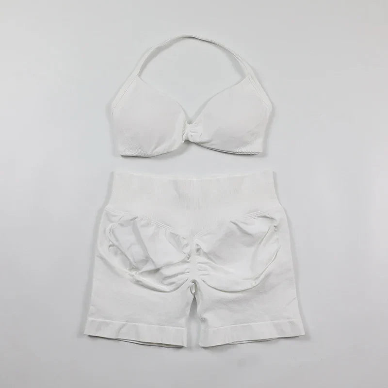 Scrunch Seamless Yoga Set Women Sportswear Ribbed Gym Shorts Strappy Sports Bra 2 Piece Set Halter Workout Clothes Fitness Suit