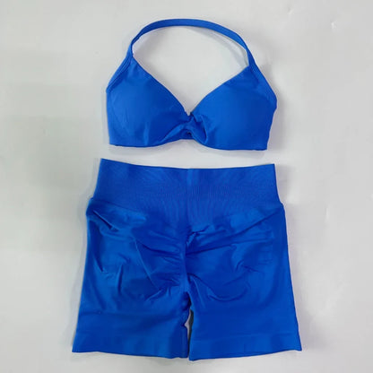 NO LOGO 2PCS Gym Set Women Strappy Yoga Bra Top High Waist Workout Scrunch Shorts Sports Suit Seamless Yoga Set Fitness Clothes