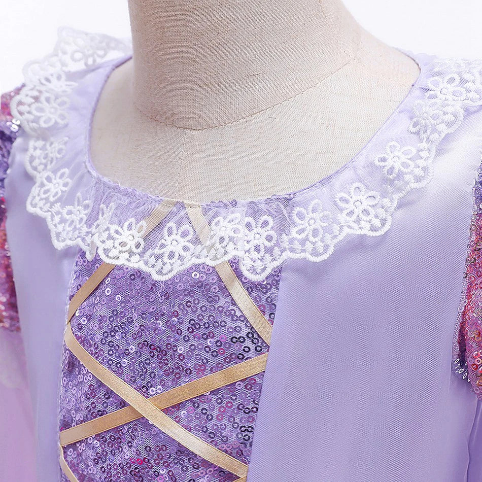 Girl Elegant Dress Kids Rapunzel Costume Children Halloween Birthday Sequin Tangled Dress Girl Carnival Lace Princess Party Gown