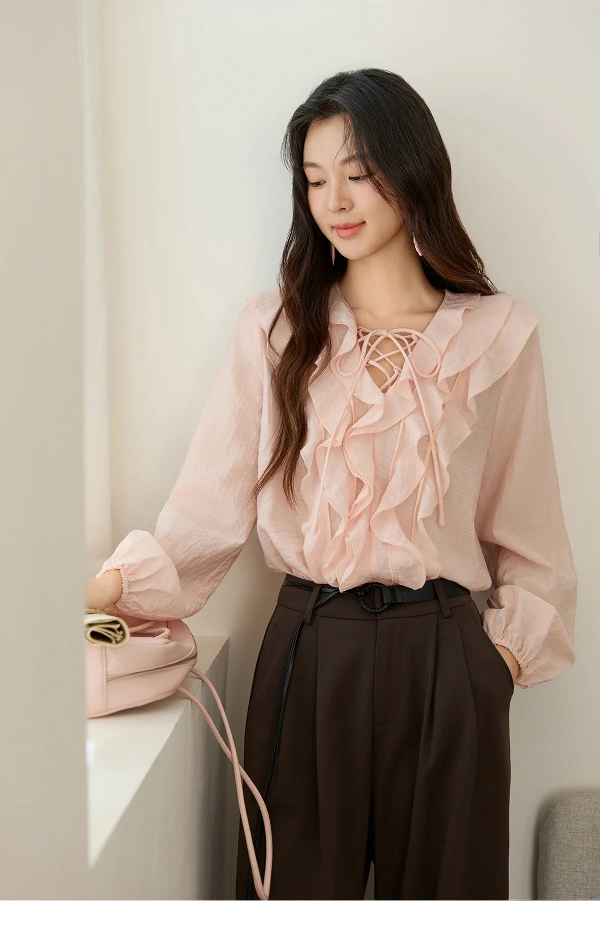 Pink Ruffled Blouse for Woman 2025 Autumn New Elegant Sweet V-neck Lace-up Design Shirt Lantern Sleeves Top MXE49X2504