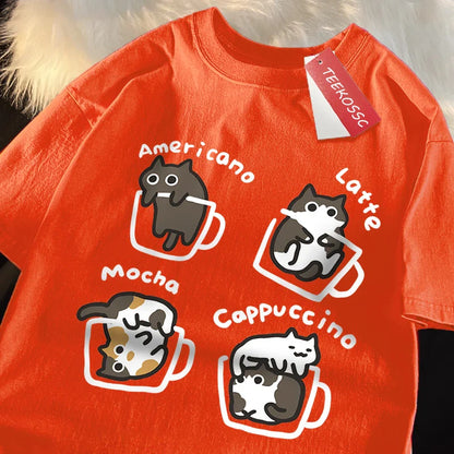 American Style Coffee Cat Japanese Style Tshirts Man Casual Breathable Cotton Loose Summer T-Shirt Loose Cotton Oversize T Shirt