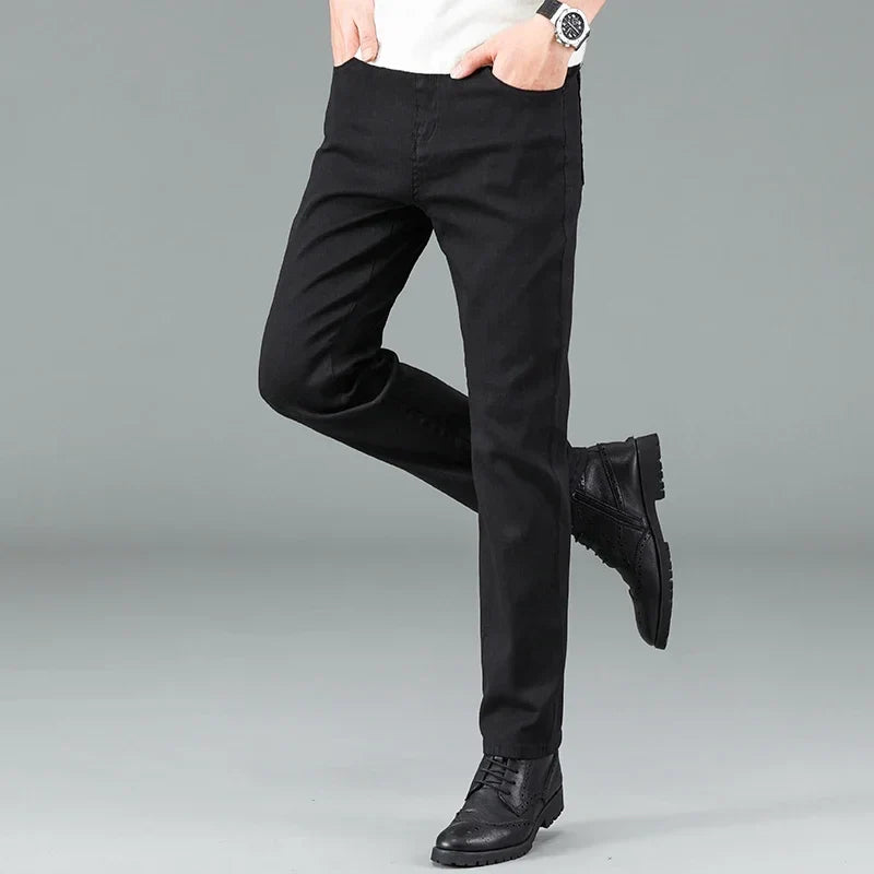 Men's Pure Black Slim Jeans Elastic Straight Pants Business Fashion Leisure Korean Vintage Skinny Small Feet Denim Pants Male