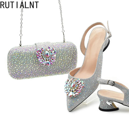Luxury Designer Silver Italian Matching Shoes and Bag Set Decorated with Rhinestone Shoe and Bag Set for Party in Women Nigerian