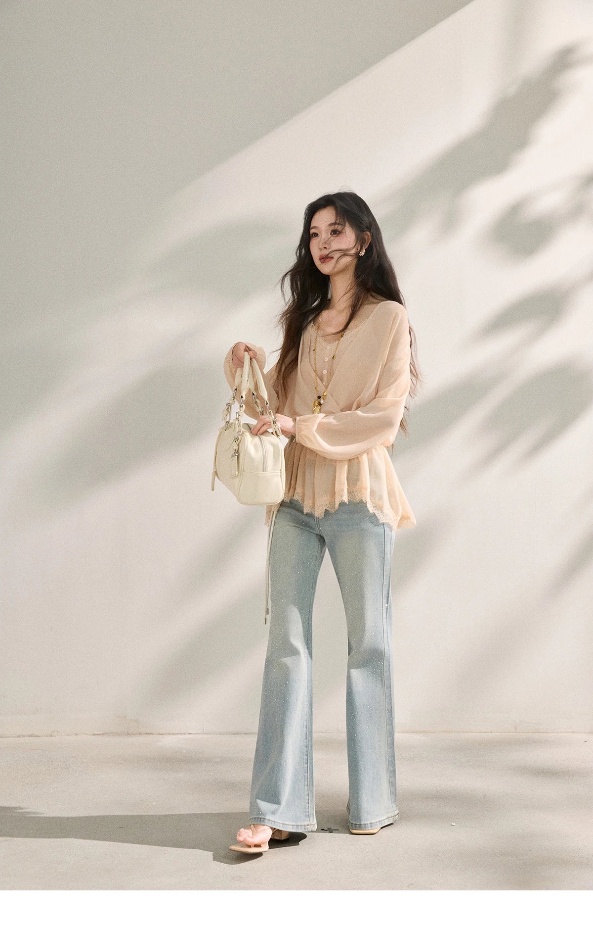 Women's French Style Beige Sheer Chiffon Blouse V Neck Lace Trim Elastic Waist Peplum Top For Spring Summer MXF16T1588
