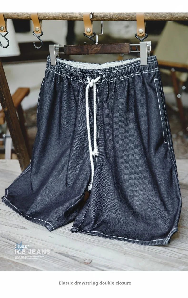 Vintage Cool-Touch Denim Shorts Men's Summer Lightweight Straight Leg Elastic Waist Jeans Shorts Breathable Casual Bottom