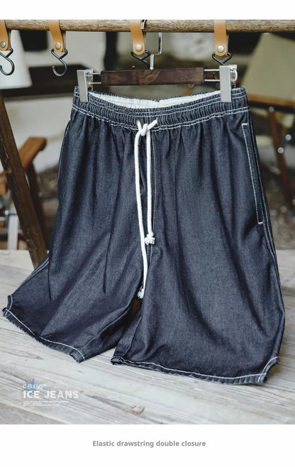 Vintage Cool-Touch Denim Shorts Men's Summer Lightweight Straight Leg Elastic Waist Jeans Shorts Breathable Casual Bottom