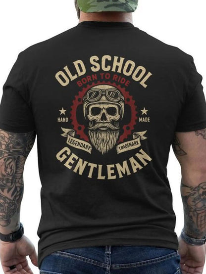 Moterointage Men's Retro Motorcycle Graphic T-Shirt- Back-printed Crew Neck T-shirt with Skull and Born To Ride Design