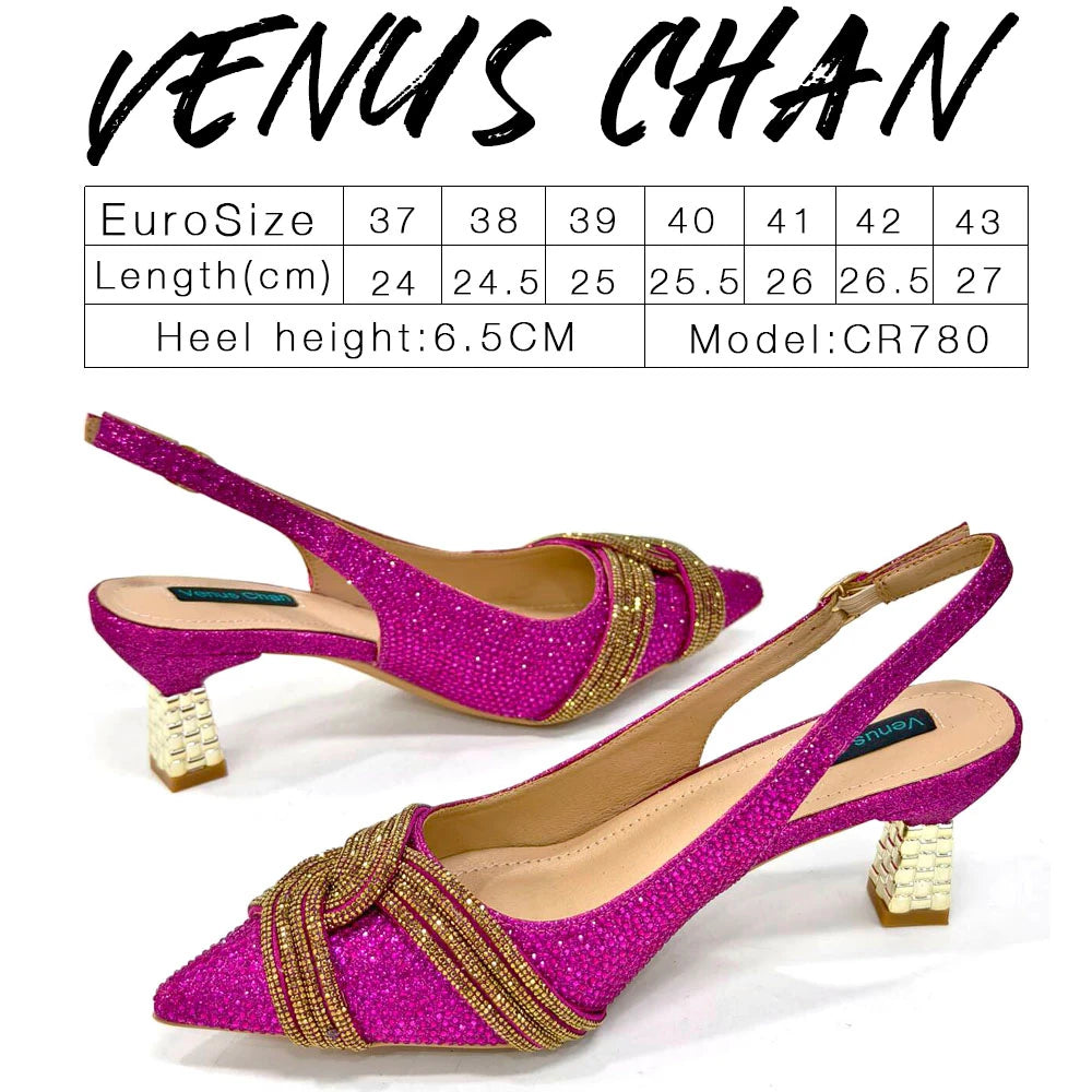 Nigerian Heel Party for Women Shoes and Bag Set Champagne Colour Rhinestone Handbag Italian Design Wedding INS 2024