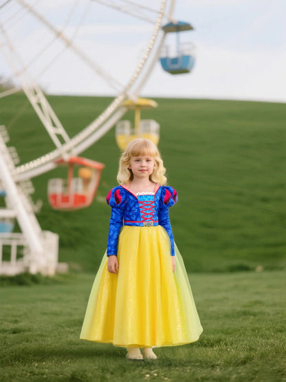 2026 Deluxe Snow White Princess Gown Puff Sleeve Stand Collar Girl Fairy Kid Cosplay Costume Toddler Carnival Apparel Dresses