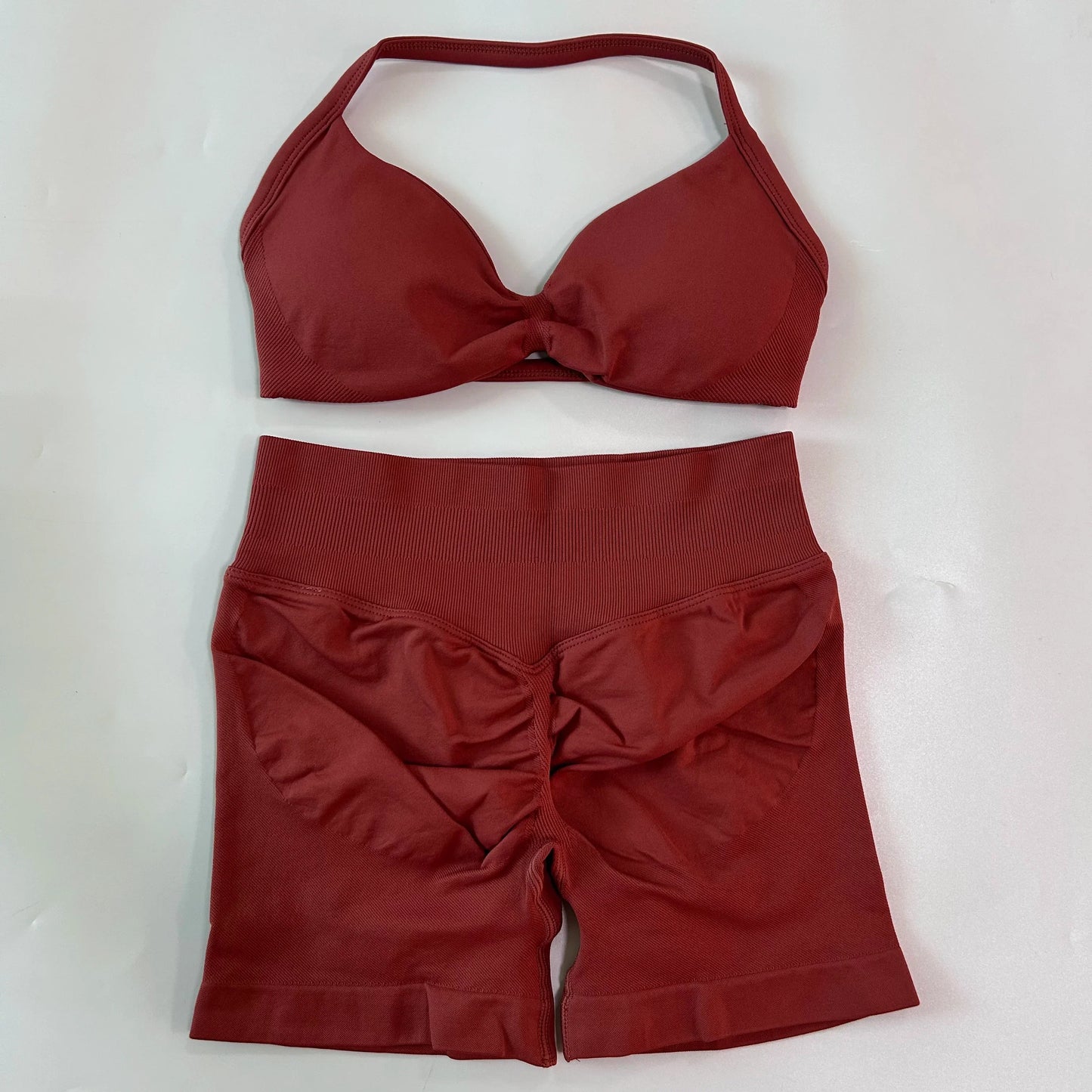 NO LOGO 2PCS Gym Set Women Strappy Yoga Bra Top High Waist Workout Scrunch Shorts Sports Suit Seamless Yoga Set Fitness Clothes