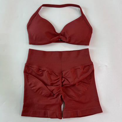NO LOGO 2PCS Gym Set Women Strappy Yoga Bra Top High Waist Workout Scrunch Shorts Sports Suit Seamless Yoga Set Fitness Clothes