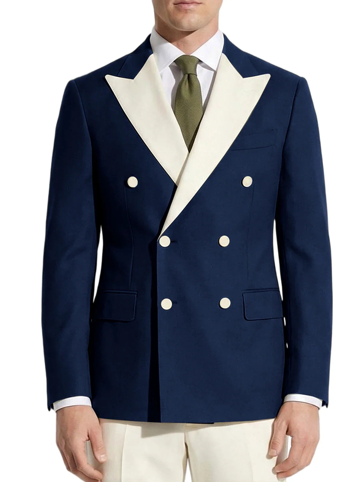 Classic Men's Tuxedo Jacket White Peak Lapel Patched Double Breasted Slim Fit Blazer for Business Formal Wedding Groom Prom Coat