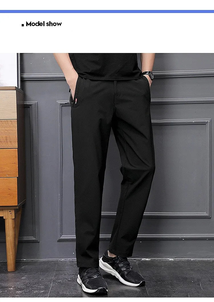 Men's Summer Cargo Pants Big Size Ice Silk Stretch Breathable Straight Leg Pants Quick Dry Elastic Lightweight Long Trousers