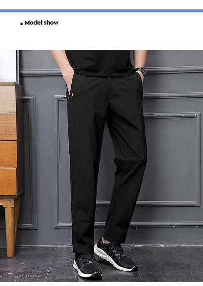 Men's Summer Cargo Pants Big Size Ice Silk Stretch Breathable Straight Leg Pants Quick Dry Elastic Lightweight Long Trousers