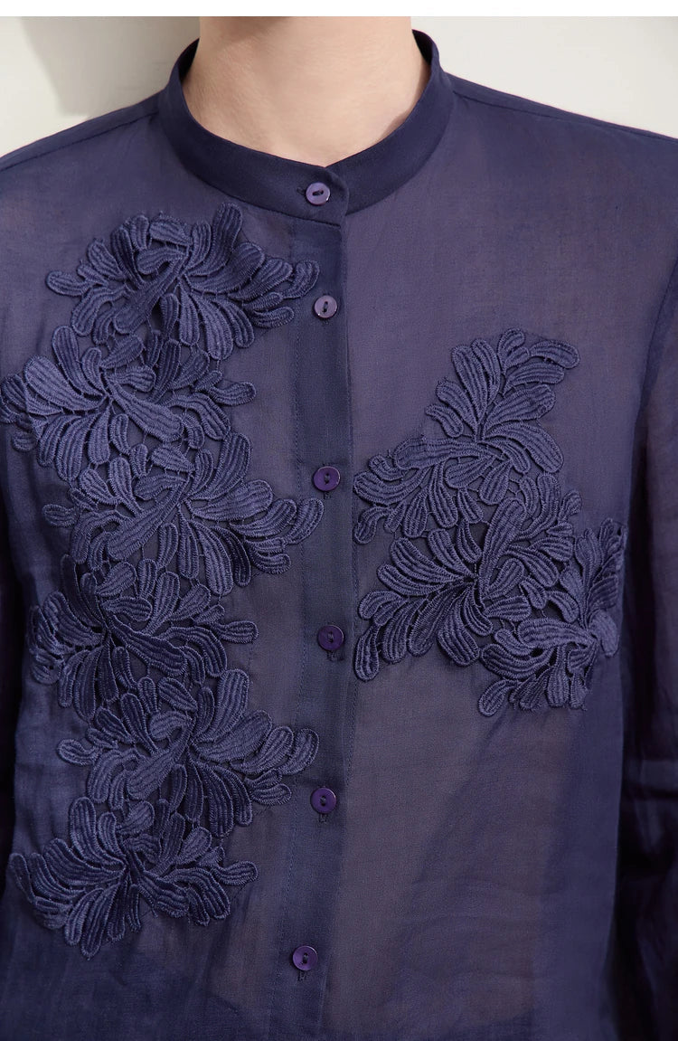 Minimalism Women Shirts 2024 Autumn New Chinese Stand Collar Lace Decal Shirt Fashion Female Shell Button Blouses 12443001