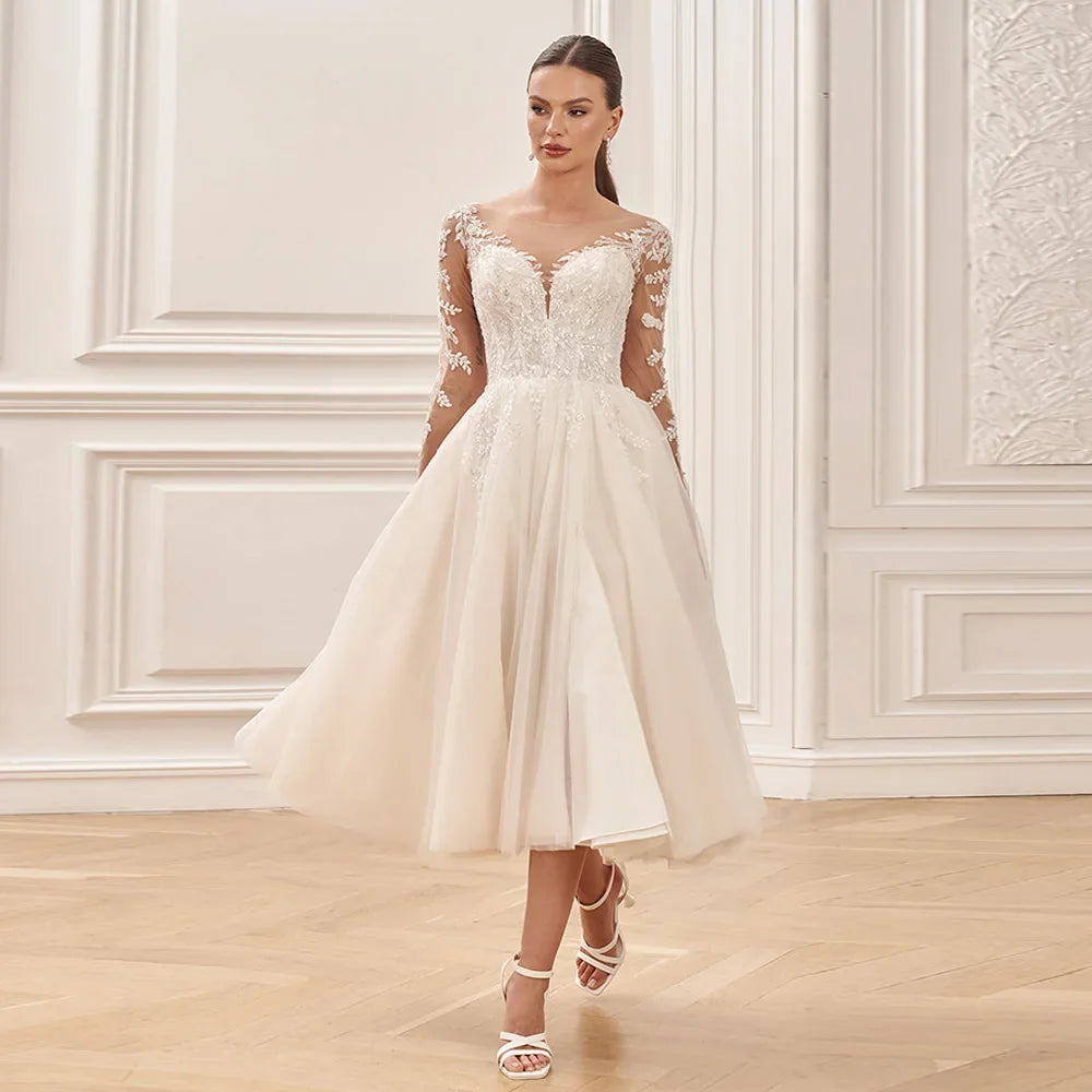 Mid-calf Wedding Dresses for Bride 2024 New Long Sleeves Scoop Neck Applique Slit Tulle A Line Bridal Gown Vestido De Noiva