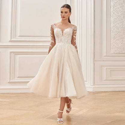 Mid-calf Wedding Dresses for Bride 2024 New Long Sleeves Scoop Neck Applique Slit Tulle A Line Bridal Gown Vestido De Noiva
