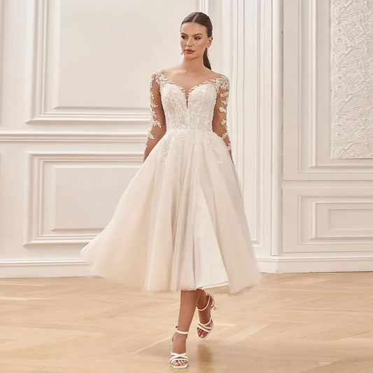 Mid-calf Wedding Dresses for Bride 2024 New Long Sleeves Scoop Neck Applique Slit Tulle A Line Bridal Gown Vestido De Noiva