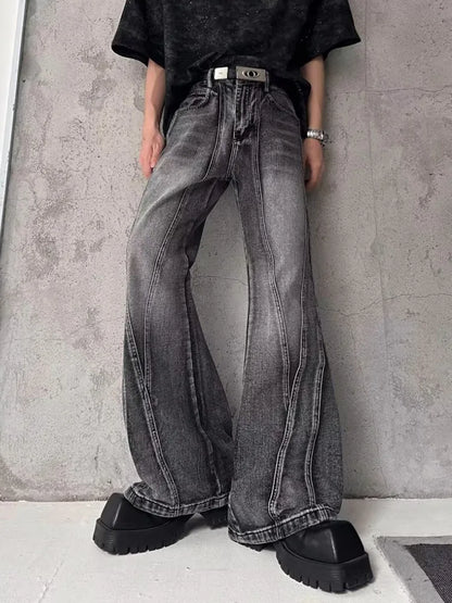 2026Trashy Y2K Streetwear Washed Grey Baggy Stacked Flare Jeans Pants Men 90S Vintage Clothes Hip Hop Luxury Male Long Trousers