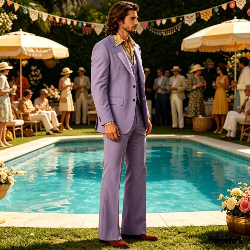 Retro Men's Linen 3 Piece Notch Lapel 2 buttons Jacket Flared Trouser Breathable Elastic for Casual Beach Wedding Groom Tuxedo