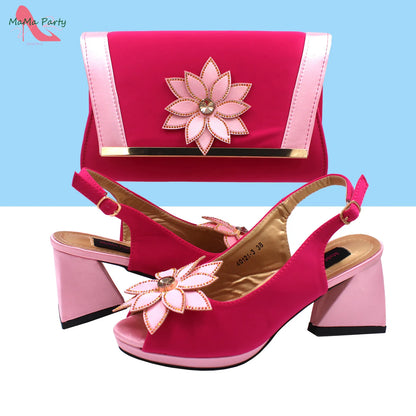2024 New Arrivals Fashion Italian Design African Shoes and Bag to Match Comfortable Square Heels for Party in Fuchsia Color