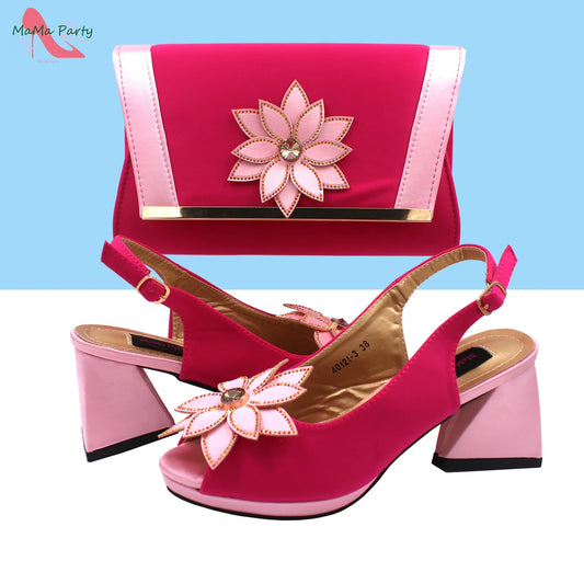 2024 New Arrivals Fashion Italian Design African Shoes and Bag to Match Comfortable Square Heels for Party in Fuchsia Color