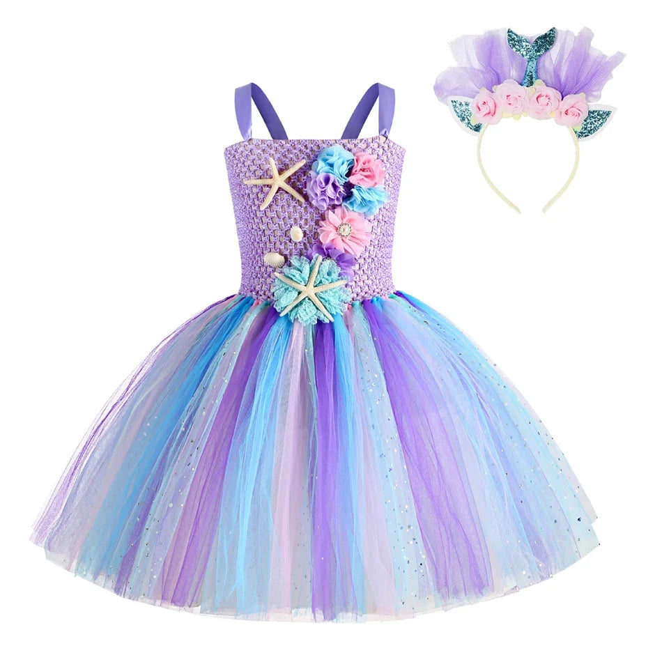 Girls Mermaid Tutu Dress Under the Sea Theme Birthday Party Carnival Costumes with Flower Headband Ocean Halloween Dresses 1-12Y