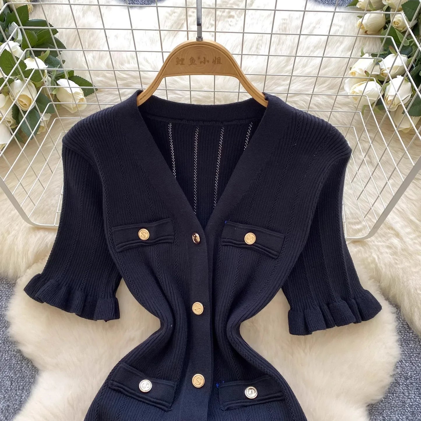 Brand Fashion Vintage Knitted Long Dress Spring Summer Women Elegant V-neck Ruffled Bodycon Sweater Dress Party Vestido