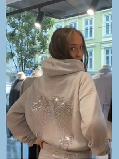 Sequin Angle Wings Hoodie Pullover For Women Loose Solid Hooded Sweatsuit 2025 New Lady Autumn Winter Outwears