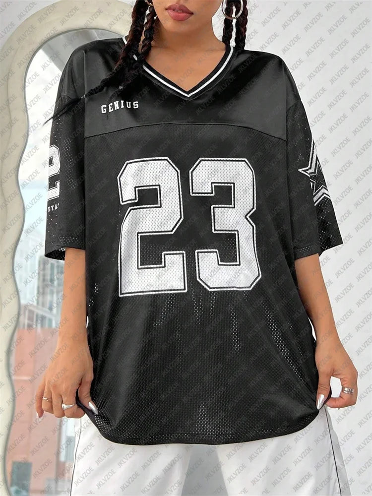 Number 23 TShirt For Men Women Summer Oversized V-neck Black Tee Harajuku Trend Short Sleeve Unisex Streetwear Couple Top