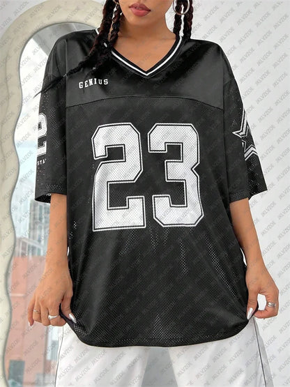 Number 23 TShirt For Men Women Summer Oversized V-neck Black Tee Harajuku Trend Short Sleeve Unisex Streetwear Couple Top