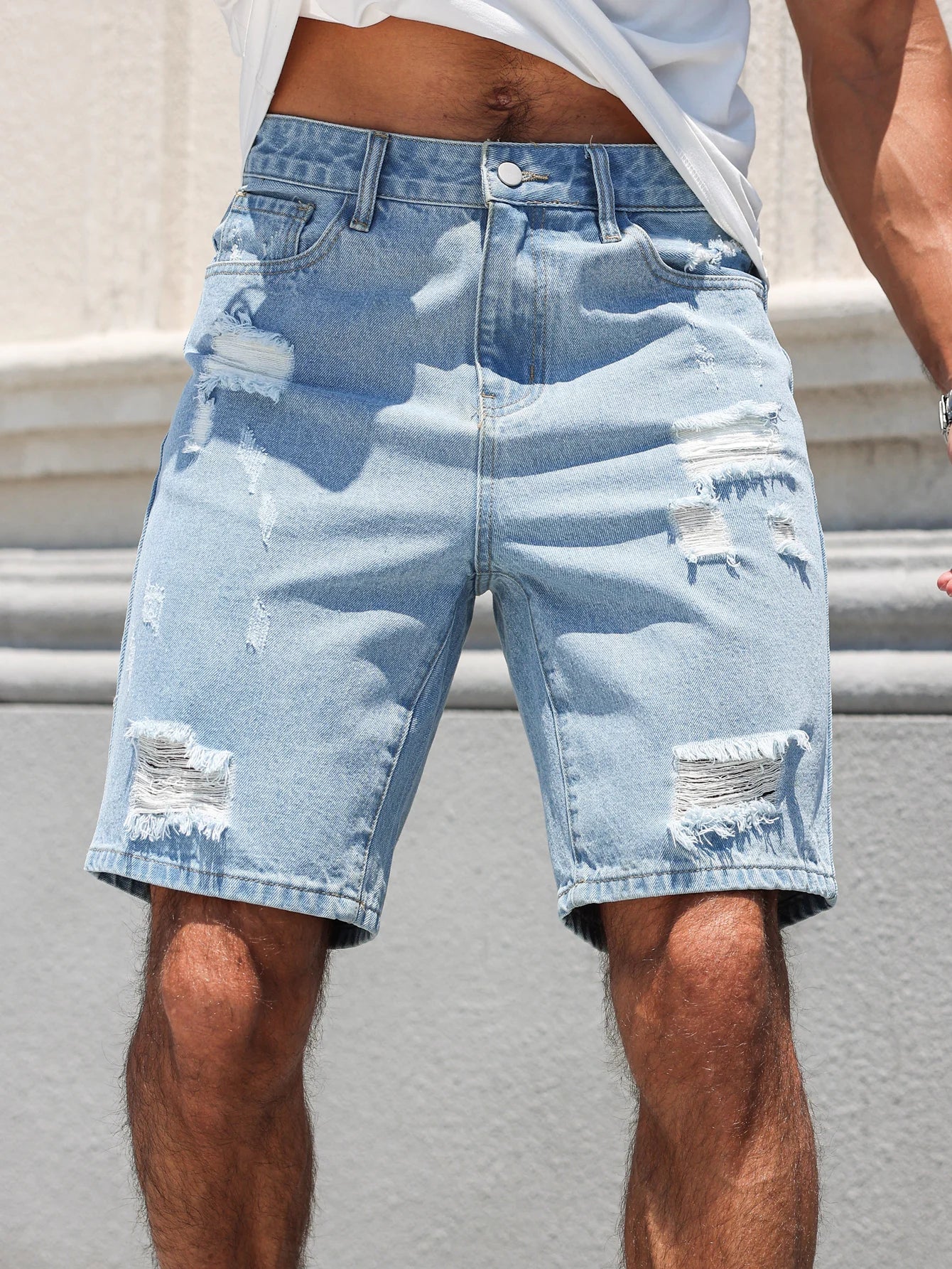 Hole-washed Water Buffalo Denim Short Pants - Men's Trendy Loose Straight Five-Piece Casual Shorts - Summer New Style