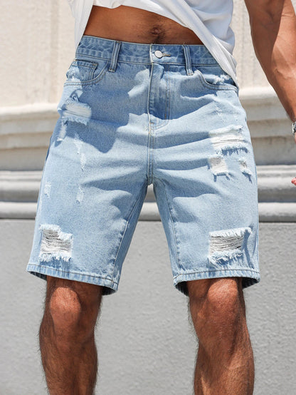 Hole-washed Water Buffalo Denim Short Pants - Men's Trendy Loose Straight Five-Piece Casual Shorts - Summer New Style